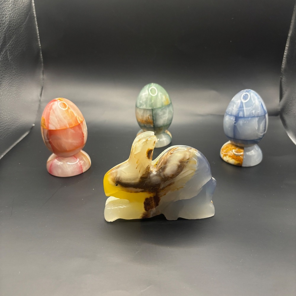Hand Carved Agate Rabbit Figurine & 3 Egg Set Natural Gemstone Crystal Boho Gift